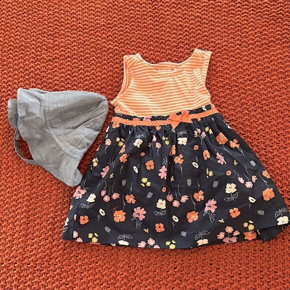 Carters just one you 9M floral/striped dress w/ matching denim blue hat NWOT - Picture 1 of 9